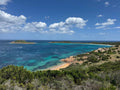 Rocky Sardinian coastline with Mediterranean scrub and turquoise water.